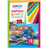 Набор цвет. картона немелов. 12 цв 12 л A4 1-стор. ArtSpace 190 г/м2, в папке