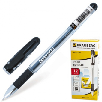 Ручка гелевая Brauberg Geller 0,5 мм игольч. стержень, с резин. гриппом, корпус прозрач, черная